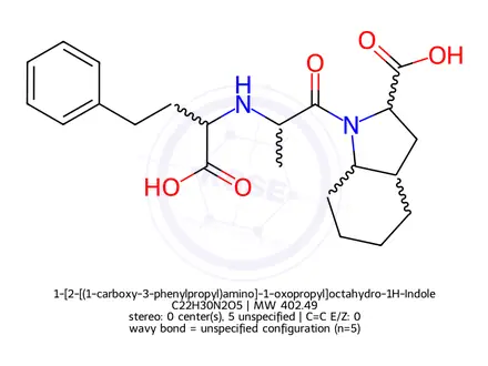 Chemical structure of 1-[2-[(1-carboxy-3-phenylpropyl)amino]-1-oxopropyl]octahydro-1H-Indole-2-carboxylic acid racemic