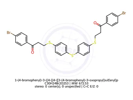 Chemical structure of 1-(4-bromophenyl)-3-({4-[(4-{[3-(4-bromophenyl)-3-oxopropyl]sulfanyl}phenyl)sulfanyl]phenyl}sulfanyl)-1-propanone