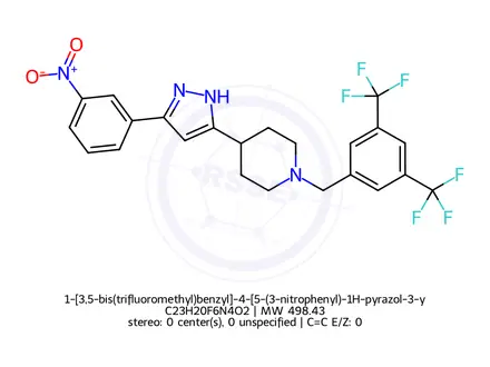 Chemical structure of 1-[3,5-bis(trifluoromethyl)benzyl]-4-[5-(3-nitrophenyl)-1H-pyrazol-3-yl]piperidine
