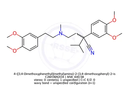Chemical structure of 4-((3,4-Dimethoxyphenethyl)(methyl)amino)-2-(3,4-dimethoxyphenyl)-2-isopropylbutanenitrile Hydrochloride