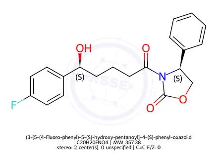 Chemical structure of (4S)-4-Phenyl-3-[(5S)-5-(4-fluorophenyl)-5-hydroxypentanoyl]-1,3-oxazolidin-2-one
