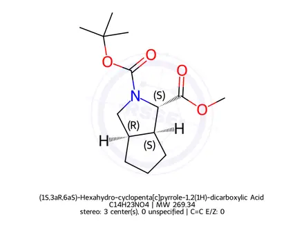 Chemical structure of (1S,3aR,6aS)-Hexahydro-cyclopenta[c]pyrrole-1,2(1H)-dicarboxylic Acid 2-(tert-Butyl) Ester 1-methyl ester