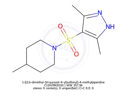 Chemical structure of 1-[(3,5-dimethyl-1H-pyrazol-4-yl)sulfonyl]-4-methylpiperidine
