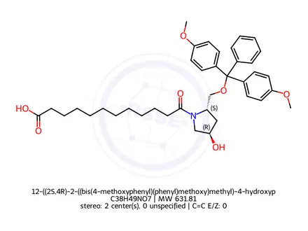 Chemical structure of 12-((2S,4R)-2-((bis(4-methoxyphenyl)(phenyl)methoxy)methyl)-4-hydroxypyrrolidin-1-yl)-12-oxododecanoic acid