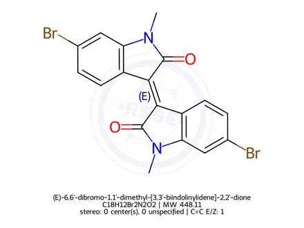 Chemical structure of (E)-6,6'-dibromo-1,1'-dimethyl-[3,3'-biindolinylidene]-2,2'-dione