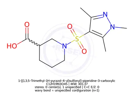 Chemical structure of 1-[(1,3,5-Trimethyl-1H-pyrazol-4-yl)sulfonyl]-piperidine-3-carboxylic acid