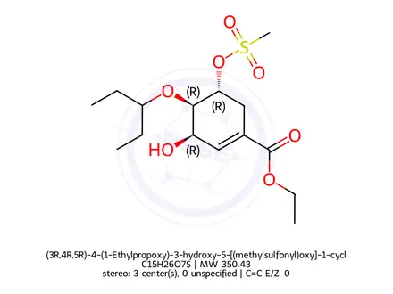 Chemical structure of (3R,4R,5R)-4-(1-Ethylpropoxy)-3-hydroxy-5-[(methylsulfonyl)oxy]-1-cyclohexene-1-carboxylic Acid Ethy