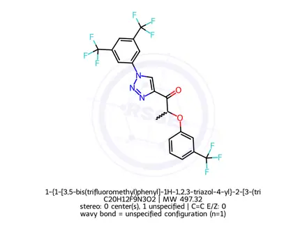 Chemical structure of 1-{1-[3,5-bis(trifluoromethyl)phenyl]-1H-1,2,3-triazol-4-yl}-2-[3-(trifluoromethyl)phenoxy]-1-propanone
