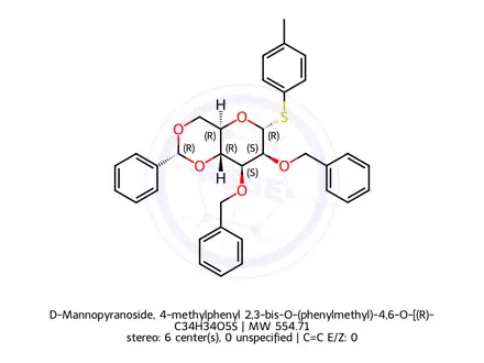 Chemical structure of α-D-Mannopyranoside, 4-methylphenyl 2,3-bis-O-(phenylmethyl)-4,6-O-[(R)-phenylmethylene]-1-thio-