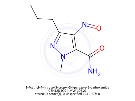 Chemical structure of 1-Methyl-4-nitroso-3-propyl-1H-pyrazole-5-carboxamide