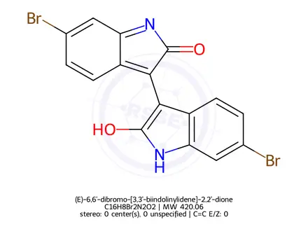 Chemical structure of (E)-6,6'-dibromo-[3,3'-biindolinylidene]-2,2'-dione