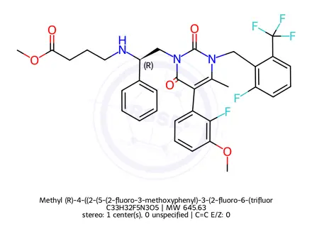 Chemical structure of Methyl (R)-4-((2-(5-(2-fluoro-3-methoxyphenyl)-3-(2-fluoro-6-(trifluoromethyl)benzyl)-4-methyl-2,6-dioxo-3,6-dihydropyrimidin-1(2H)-yl)-1-phenylethyl)amino)butanoate