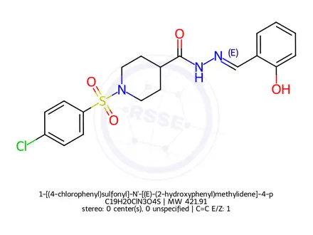 Chemical structure of 1-[(4-chlorophenyl)sulfonyl]-N'-[(E)-(2-hydroxyphenyl)methylidene]-4-piperidinecarbohydrazide