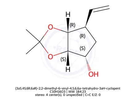 Chemical structure of (3aS,4S,6R,6aR)-2,2-dimethyl-6-vinyl-4,5,6,6a-tetrahydro-3aH-cyclopenta[d][1,3]dioxol-4-ol