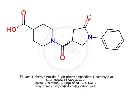 Chemical structure of 1-[(5-Oxo-1-phenylpyrrolidin-3-yl)carbonyl]-piperidine-4-carboxylic acid
