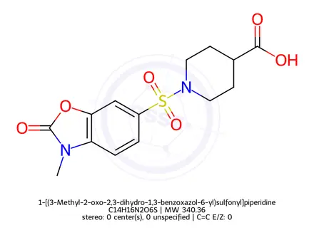 Chemical structure of 1-[(3-Methyl-2-oxo-2,3-dihydro-1,3-benzoxazol-6-yl)sulfonyl]piperidine-4-carboxylic acid