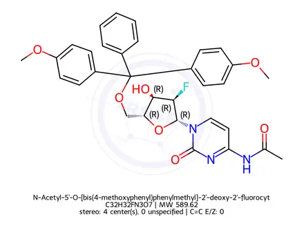 Chemical structure of N-Acetyl-5'-O-[bis(4-methoxyphenyl)phenylmethyl]-2'-deoxy-2'-fluorocytidine