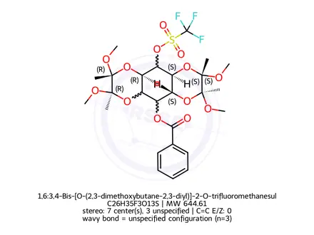 Chemical structure of 1,6:3,4-Bis-[O-(2,3-dimethoxybutane-2,3-diyl)]-2-O-trifluoromethanesulphonyl-5-O-benzolyl-myo-inositol