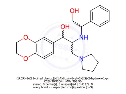 Chemical structure of (1R,2R)-1-(2,3-dihydrobenzo[b][1,4]dioxin-6-yl)-2-(((S)-2-hydroxy-1-phenylethyl)amino)-3-(pyrrolidi