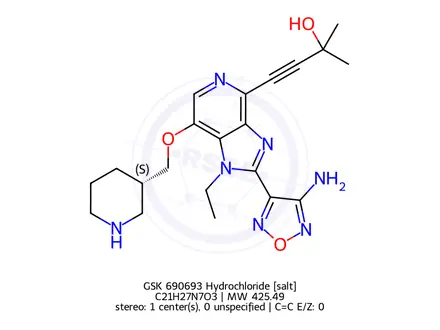 Chemical structure of 4-[2-(4-Amino-1,2,5-oxadiazol-3-yl)-1-ethyl-7-[(3S)-3-piperidinylmethoxy]-1H-imidazo[4,5-c]pyridin-4-yl]-2-methyl-3-butyn-2-ol