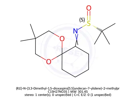 Chemical structure of (R,E)-N-(3,3-Dimethyl-1,5-dioxaspiro[5.5]undecan-7-ylidene)-2-methylpropane-2-sulfinamide