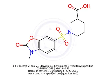 Chemical structure of 1-[(3-Methyl-2-oxo-2,3-dihydro-1,3-benzoxazol-6-yl)sulfonyl]piperidine-3-carboxylic acid