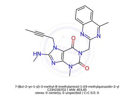 Chemical structure of 7-(But-2-yn-1-yl)-3-methyl-8-(methylamino)-1-((4-methylquinazolin-2-yl)methyl)-3,7-dihydro-1H-purine-2,6-dione