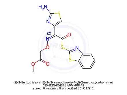 Chemical structure of (S)-2-Benzothiazolyl (Z)-2-(2-aminothiazole-4-yl)-2-methoxycarbonylmethoxyiminothioacetate(FAEM)