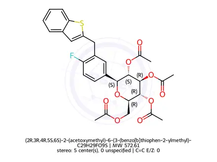 Chemical structure of (2R,3R,4R,5S,6S)-2-(acetoxymethyl)-6-(3-(benzo[b]thiophen-2-ylmethyl)-4-fluorophenyl)tetrahydro-2H-pyran-3,4,5-triyl triacetate