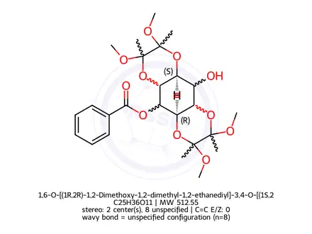 Chemical structure of 1,6-O-[(1R,2R)-1,2-Dimethoxy-1,2-dimethyl-1,2-ethanediyl]-3,4-O-[(1S,2S)-1,2-dimethoxy-1,2-dimethyl-1,2-ethanediyl]-5-benzoate-myo-inositol