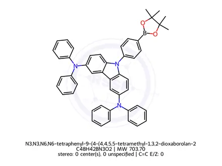 Chemical structure of N3,N3,N6,N6-tetraphenyl-9-(4-(4,4,5,5-tetramethyl-1,3,2-dioxaborolan-2-yl)phenyl)-9H-carbazole-3,6-diamine