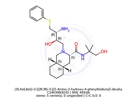 Chemical structure of (3S,4aS,8aS)-2-[(2R,3R)-3-[(3-Amino-2-hydroxy-4-phenythiobutyl]-decahydro-N-(2-hydroxy-1,1-dimethylethyl)-3-isoquinolinecarboxamide