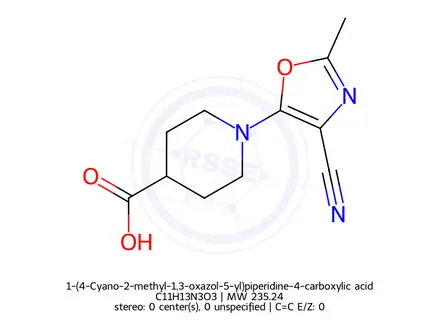 Chemical structure of 1-(4-Cyano-2-methyl-1,3-oxazol-5-yl)piperidine-4-carboxylic acid