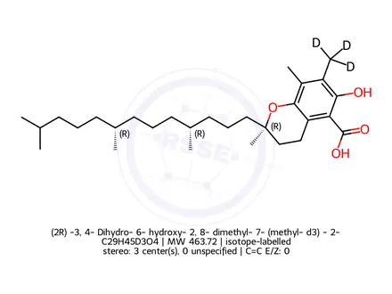 Chemical structure of (2R)​-3,​4-​Dihydro-​6-​hydroxy-​2,​8-​dimethyl-​7-​(methyl-​d3)​-​2-​[(4R,​8R)​-​4,​8,​12-​trimethyltridecyl]​-2H-​1-​benzopyran-​5-​carboxylic-d3 Acid