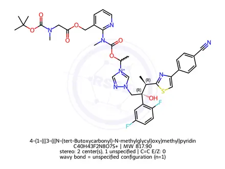 Chemical structure of 4-(1-(((3-(((N-(tert-Butoxycarbonyl)-N-methylglycyl)oxy)methyl)pyridin-2-yl)(methyl)carbamoyl)oxy)ethyl)-1-((2R,3R)-3-(4-(4-cyanophenyl)thiazol-2-yl)-2-(2,5-difluorophenyl)-2-hydroxybutyl)-1H-1,2,4-triazol-4-ium Iodide