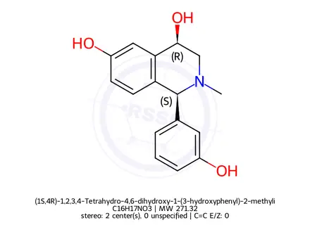 Chemical structure of (1S,4R)-1,2,3,4-Tetrahydro-4,6-dihydroxy-1-(3-hydroxyphenyl)-2-methylisoquinoline