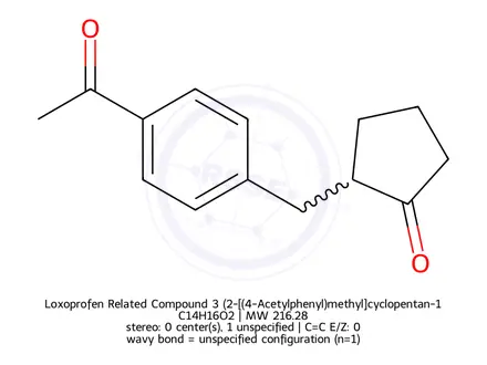 Chemical structure of Loxoprofen Related Compound 3 (2-[(4-Acetylphenyl)methyl]cyclopentan-1-one)