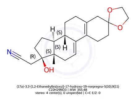 Chemical structure of (17a)-3,3-[1,2-Ethanediylbis(oxy)]-17-hydroxy-19-norpregna-5(10),9(11)-diene-21-nitrile