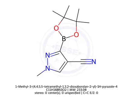 Chemical structure of 1-Methyl-3-(4,4,5,5-tetramethyl-1,3,2-dioxaborolan-2-yl)-1H-pyrazole-4-carbonitrile