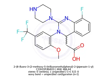 Chemical structure of 2-(8-fluoro-3-(2-methoxy-5-(trifluoromethyl)phenyl)-2-(piperazin-1-yl)-3,4-dihydroquinazolin-4-yl)acetic acid