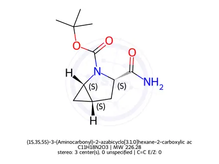Chemical structure of (1S,3S,5S)-3-(Aminocarbonyl)-2-azabicyclo[3.1.0]hexane-2-carboxylic acid tert-butyl ester