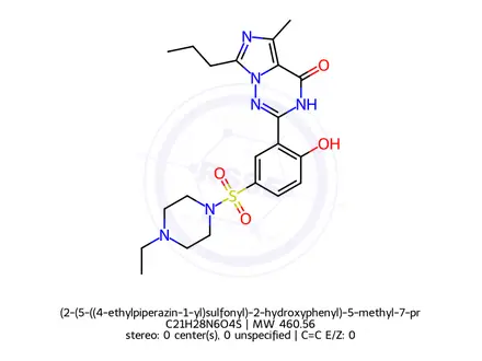 Chemical structure of (2-(5-((4-ethylpiperazin-1-yl)sulfonyl)-2-hydroxyphenyl)-5-methyl-7-propylimidazo[5,1-f][1,2,4]triaz