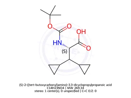 Chemical structure of (S)-2-((tert-butoxycarbonyl)amino)-3,3-dicyclopropylpropanoic acid