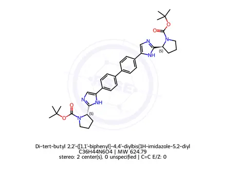 Chemical structure of Di-tert-butyl 2,2'-([1,1'-biphenyl]-4,4'-diylbis(1H-imidazole-5,2-diyl))(2S,2'S)-bis(pyrrolidine-1-carboxylate)