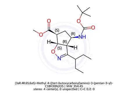Chemical structure of (3aR,4R,6S,6aS)-Methyl 4-((tert-butoxycarbonyl)amino)-3-(pentan-3-yl)-4,5,6,6a-tetrahydro-3aH-cyclopenta[d]isoxazole-6-carboxylate