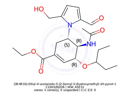 Chemical structure of (3R,4R,5S)-Ethyl-4-acetamido-5-(2-formyl-5-(hydroxymethyl)-1H-pyrrol-1-yl)-3-(pentan-3-yloxy)cyclohex-1-enecarboxylate
