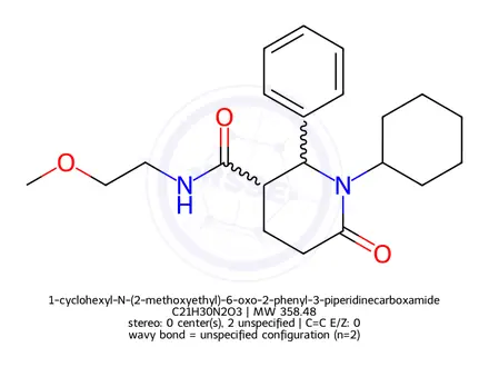 Chemical structure of 1-cyclohexyl-N-(2-methoxyethyl)-6-oxo-2-phenyl-3-piperidinecarboxamide