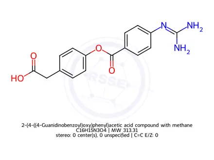 Chemical structure of 2-(4-((4-Guanidinobenzoyl)oxy)phenyl)acetic acid compound with methanesulfonic acid (1:1)