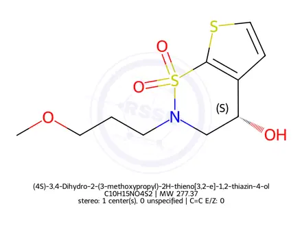 Chemical structure of (4S)-3,4-Dihydro-2-(3-methoxypropyl)-2H-thieno[3,2-e]-1,2-thiazin-4-ol 1,1-Dioxide