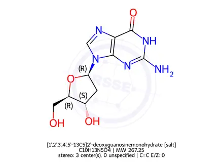 Chemical structure of [1',2',3',4',5'-13C5]2'-deoxyguanosinemonohydrate